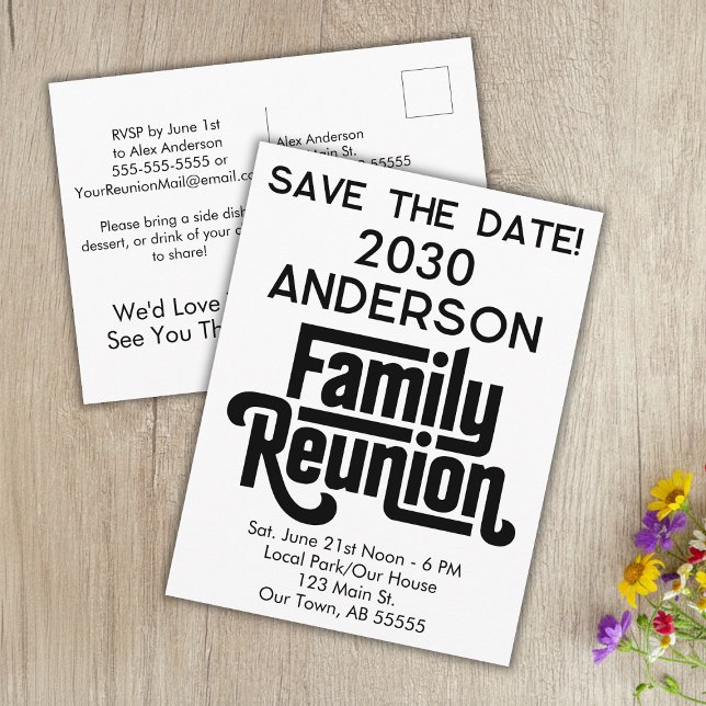 Family Reunion Modern Black White Save The Date Helg Vykort (Skapare uppladdad)