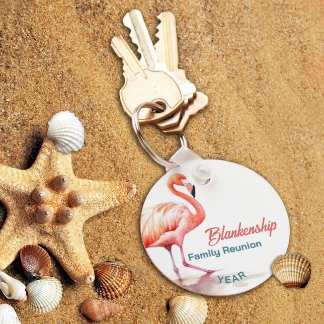 Family Reunion Pastel Flamingo Årlig Tropical Nyckelring (This fun flamingo keychain is ready for personalization as a keepsake from your family reunion.)
