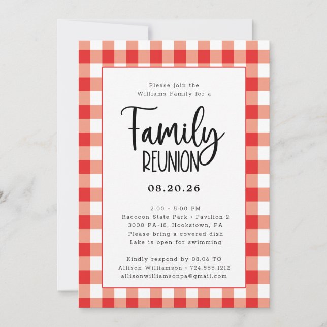 Family Reunion Red and White Gingham Buffalo Check Inbjudningar (Framsida)