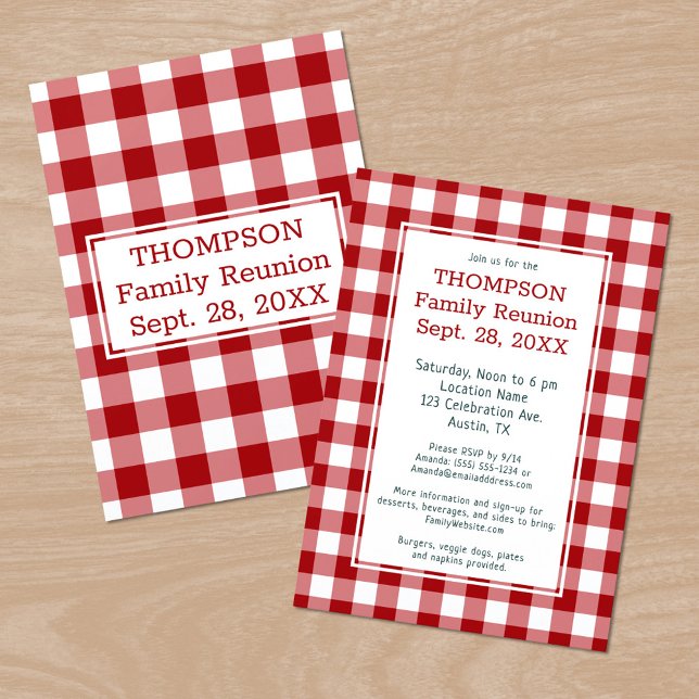 Family Reunion Red White Buffalo Check Party Inbjudningar (Family Reunion Red White Buffalo Check Party Invitation, front/back)