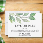 Family Reunion Spara datum meddelande Inbjudningar<br><div class="desc">Skicka spara-date-information om familjeåterförening med de här snyggtarna. De är dekorerade med en modern, minimalistisk bladdesign i gröntens nyans. All text kan redigeras. Det finns också samordningsmöjligheter för återföreningsinbjudningar och party-leveranser. Använda Verktyg i Design om du vill ändra texten storlekt, stil eller färg. Eftersom vi skapar vår teckning kommer du...</div>