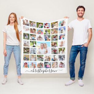 Family Script Namn 39 Photo Collage White Fleecefilt