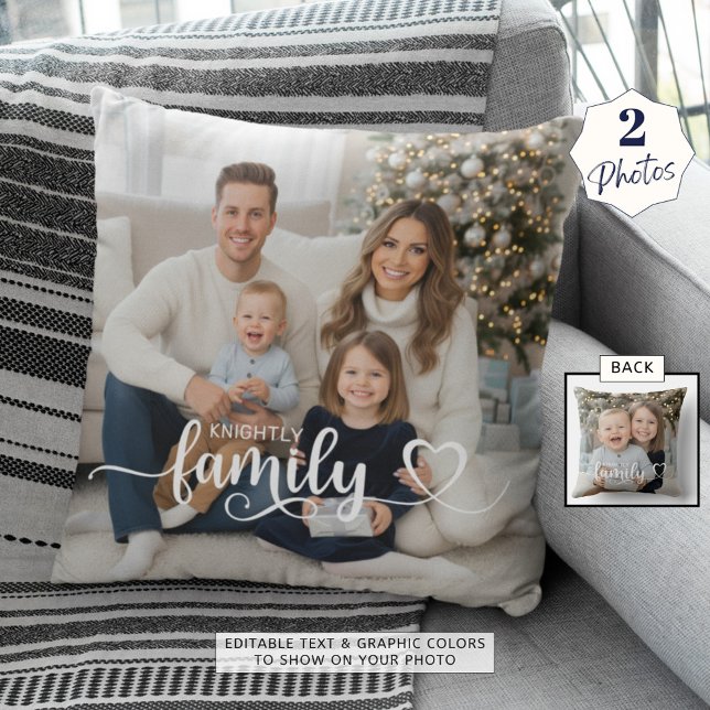 Family Script Photo Heart Namn Anpassningsbar Färg Kudde (Skapare uppladdad)