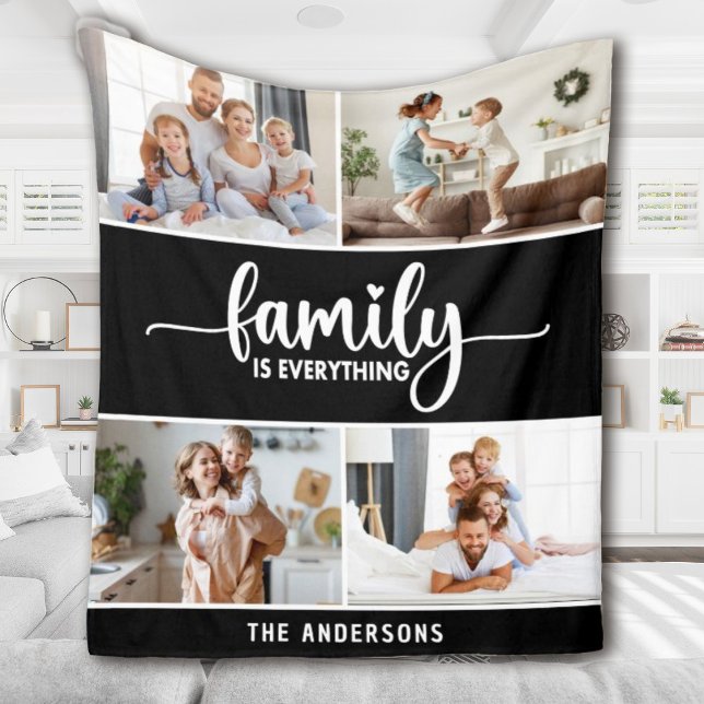 Family Script Typography Photo Collage Fleecefilt (an elegant family photo keepsake blanket. Personalize it with your photos and name.)