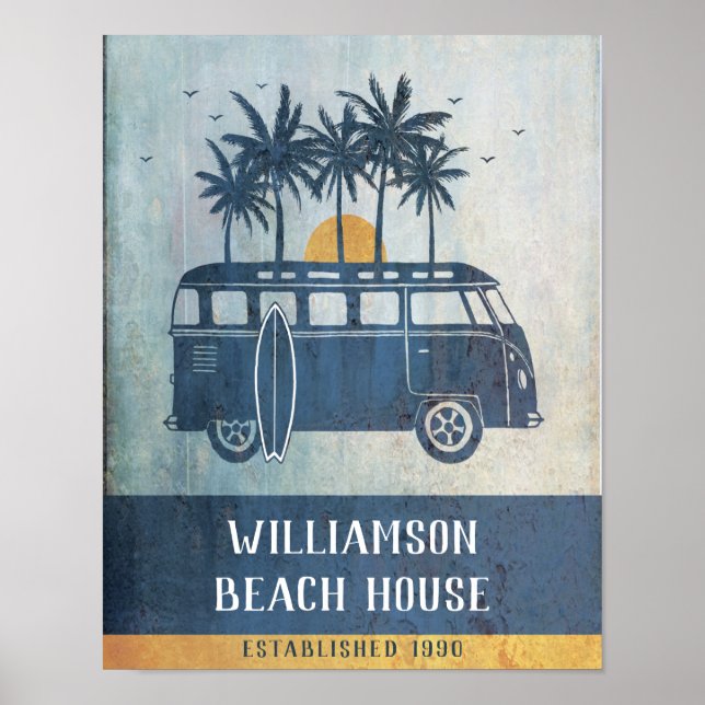 Family Summer Beach House Retro Van Monogrammed Po Poster (Framsidan)