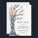 Family Träd Reunion Spara Datumet<br><div class="desc">Be familjen att spara datum för familjeåterförening med det här snyggten. Den har en färgstark familj träd som ursprungligen tillverkades i glasmosaik. Anpassade enkelt med dina uppgifter. Använda alternativet Anpassa ytterligare om du vill ändra texten storlekt, stil eller färg om du vill. Eftersom vi skapar vår egen teckning kommer du...</div>