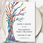 Family Träd Reunion Spara Datumet<br><div class="desc">Be din familj att spara datum för familjeåterförening med det här moderna kortet och snyggten. Den har en färgstark familj träd som ursprungligen tillverkades i glasmosaik. Anpassade enkelt med dina uppgifter. Använda alternativet Anpassa ytterligare om du vill ändra texten storlekt, stil eller färg. Eftersom vi skapar vår teckning kommer du...</div>