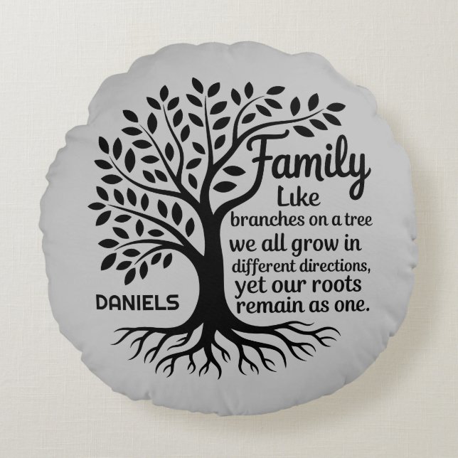 Family Tree Black & Gray Personalized Rund Kudde (Framsidan)