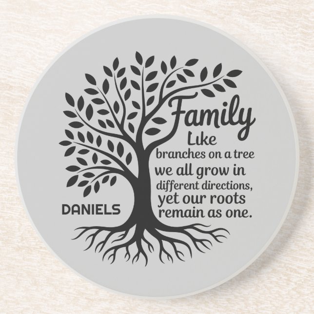 Family Tree Black & Gray Personalized Sandstone Underlägg (Framsidan)