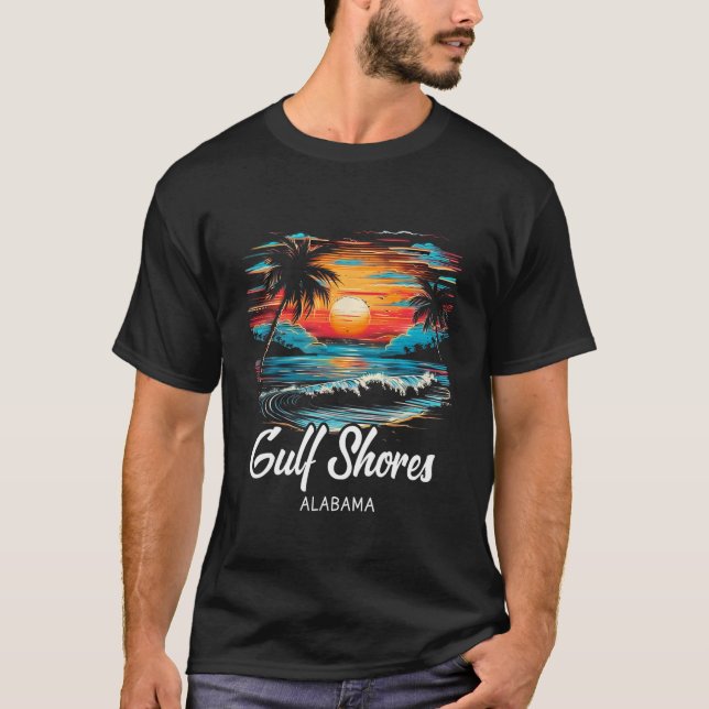 Family Vacation Retro Sunset Alabama Bukt Shores T Shirt (Framsida)