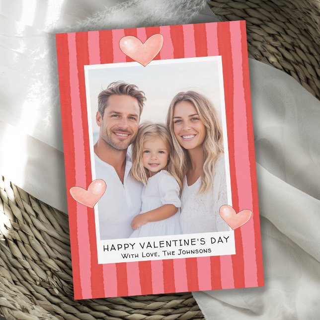 Family Valentine's Day Photo with Hearts Stripes Julkort (Available in both printed and instant download digital formats.)