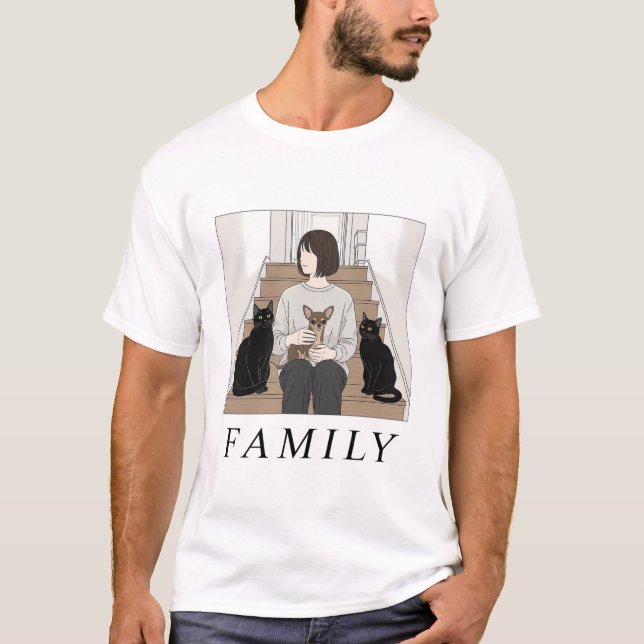 Family – Woman with Dog and Cats Cozy Scene T Shirt (Framsida)