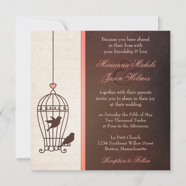 Fanciful Bird Cage - Chocolate & Rosa Bröllop Inbjudningar (Framsida)