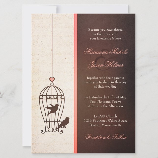 Fanciful Bird Cage - Chocolate & Rosa Bröllop Inbjudningar (Framsida)