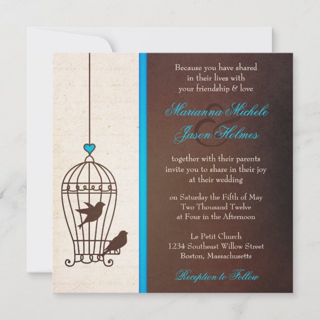Fanciful Bird Cage - Chocolate & Teal Blue Bröllop Inbjudningar (Framsida)