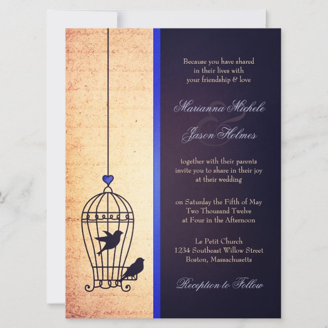 Fanciful Bird Cage med Blue Ribbon Bröllop Inbjudningar (Framsida)