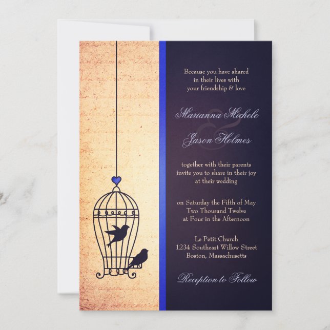Fanciful Bird Cage med Blue Ribbon Bröllop Inbjudningar (Framsida)