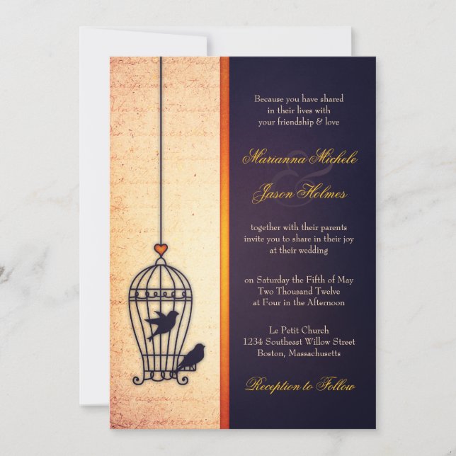 Fanciful Bird Cage med Guld Ribbon Bröllop Inbjudningar (Framsida)