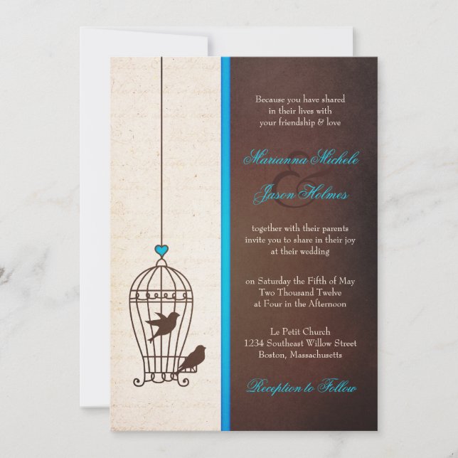 Fanciful Bird Cage - Teal & Chocolate Bröllop Inbjudningar (Framsida)