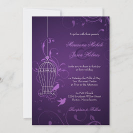 Fanciful Bird Cage with Swirls Eggplant Bröllop Inbjudningar