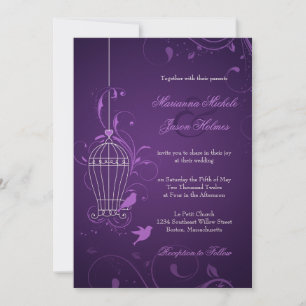 Fanciful Bird Cage with Swirls Eggplant Bröllop Inbjudningar