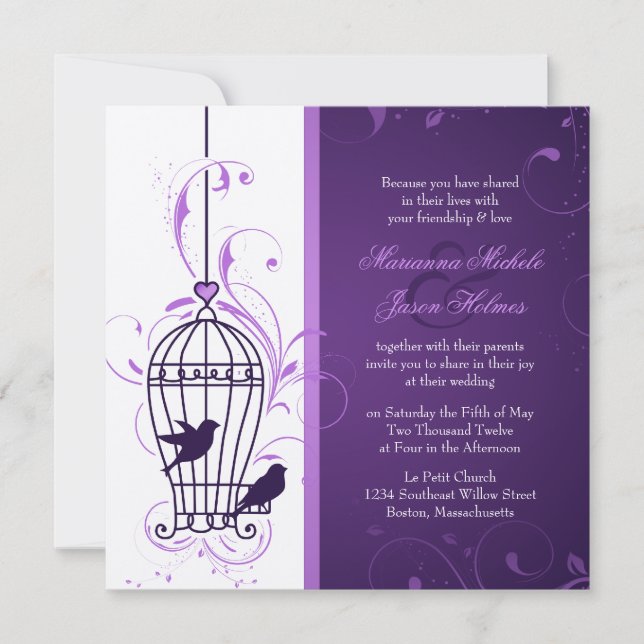 Fanciful Bird Cage with Swirls Eggplant Bröllop Inbjudningar (Framsida)