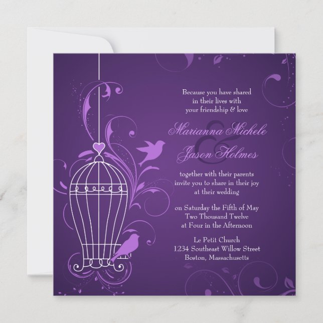 Fanciful Bird Cage with Swirls Eggplant Bröllop Inbjudningar (Framsida)