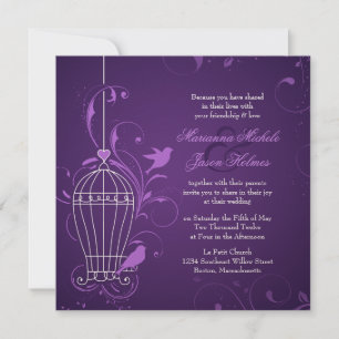 Fanciful Bird Cage with Swirls Eggplant Bröllop Inbjudningar
