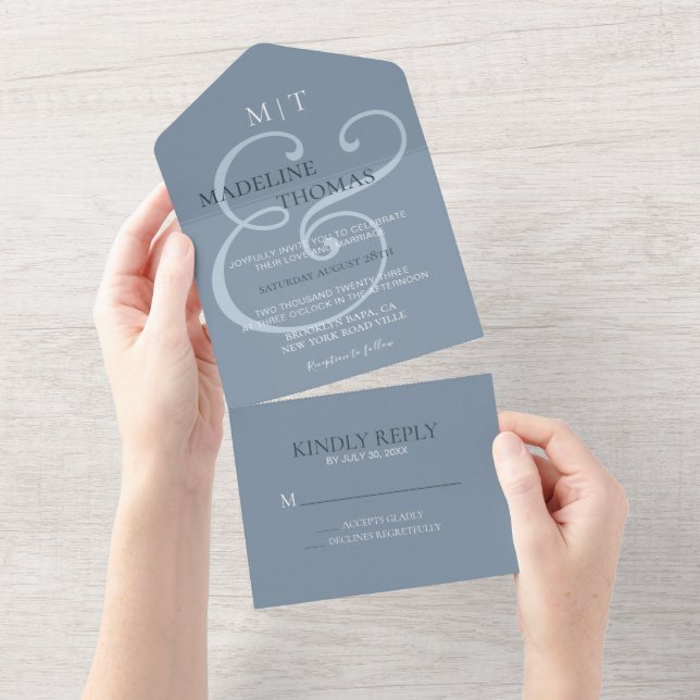 Fanciful Dusty Blue Ampersand Calligraphy Bröllop (Avrivbar del)
