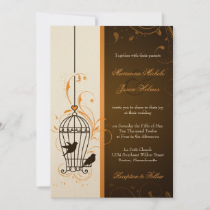 Fanciful Swirls Birdcage Orange & Brown Bröllop Inbjudningar