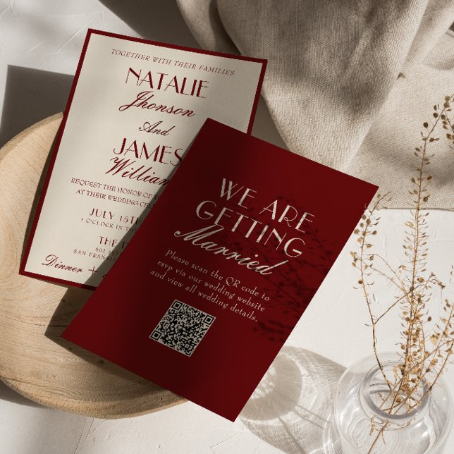 Fancy Burgundy Cream Old Money QR Code Wedding Inbjudningar (Skapare uppladdad)