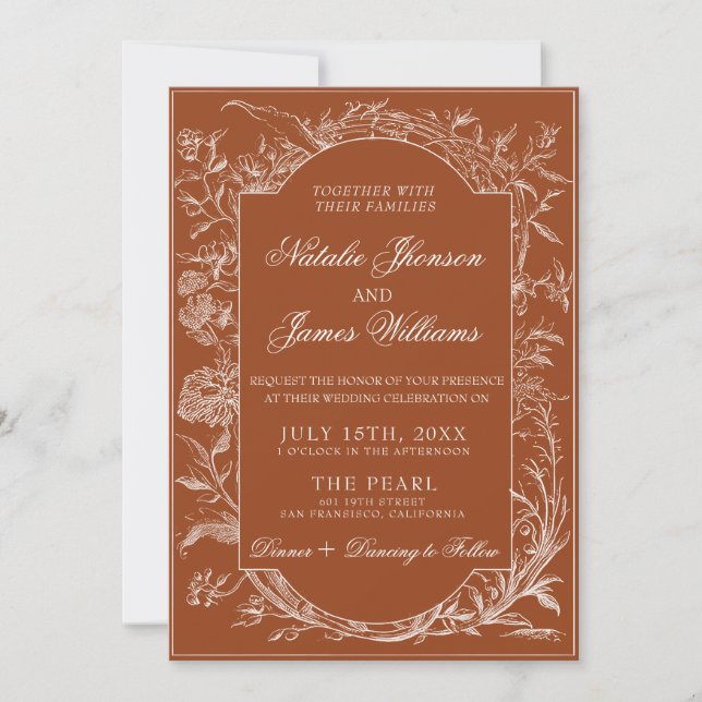 Fancy Burnt Orange Floral Boho Terracotta Wedding Inbjudningar (Framsida)
