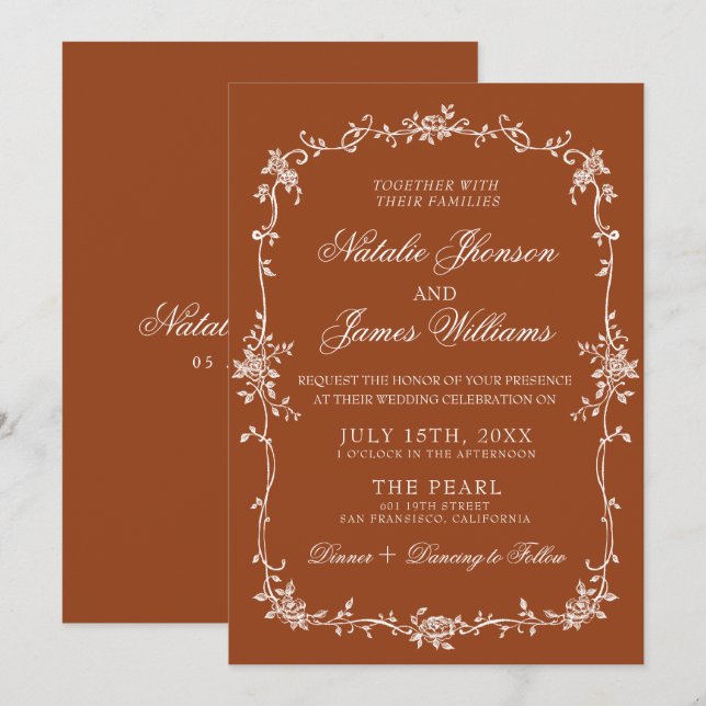 Fancy Burnt Orange Floral Boho Terracotta Wedding Inbjudningar (Fram/baksida)