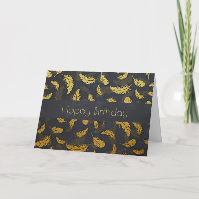 Fancy Chic Guld Fjädrar På Svart Födelsedag Kort (Framsida)