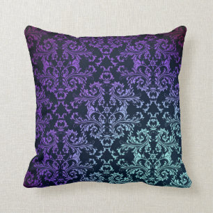 Fancy Damask Teal Blå Lila Svart Kudde
