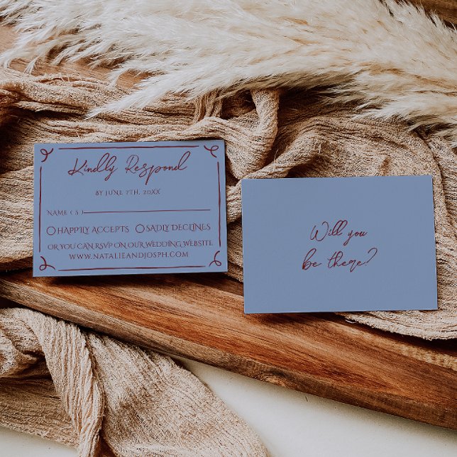Fancy djup röd blå ram Whimsy bröllop RSVP OSA Kort (Skapare uppladdad)