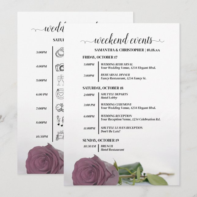 Fancy Dusty Mauve Ros Bröllopshändelser & Tidslinj Program (Fram/baksida)