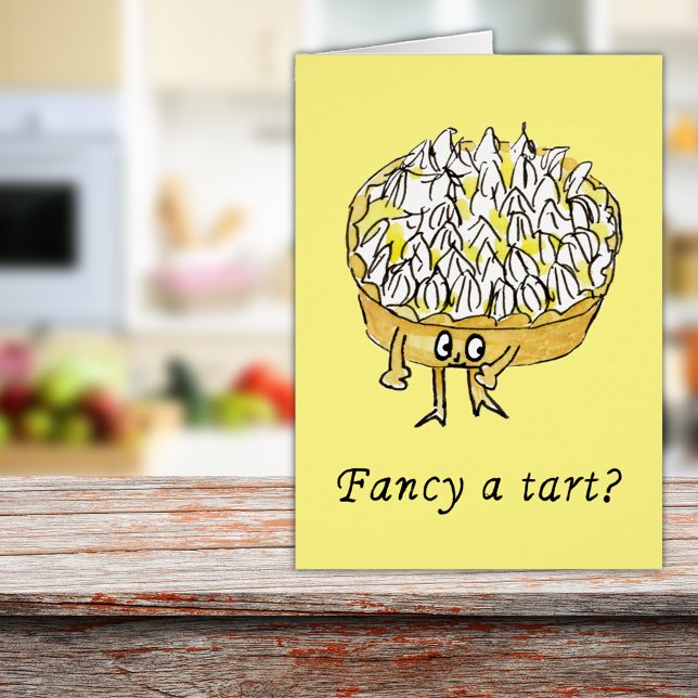 Fancy en rolig citrondrömmande paj-citat hälsningskort (Lemon meringue pie cute cartoon art with funny word play quote fancy a tart greetings card)