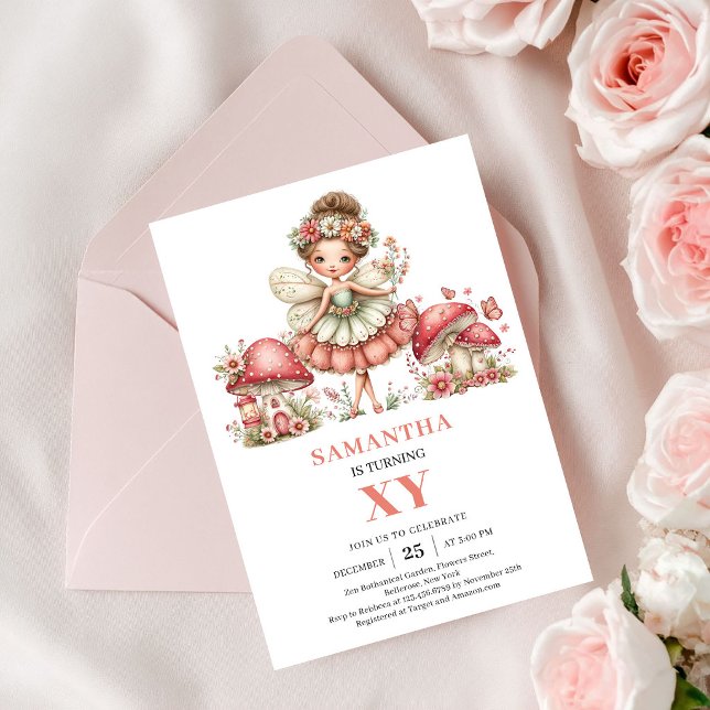 Fancy Fairy 4-års födelsedagsinbjudan Pastell Rosa Inbjudningar (Fancy Fairy 4th Birthday Pastel Pink Floral Invite)