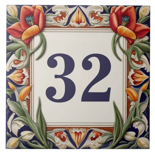 Fancy Floral Custom House Number Plattskylt Kakelplatta (Framsidan)