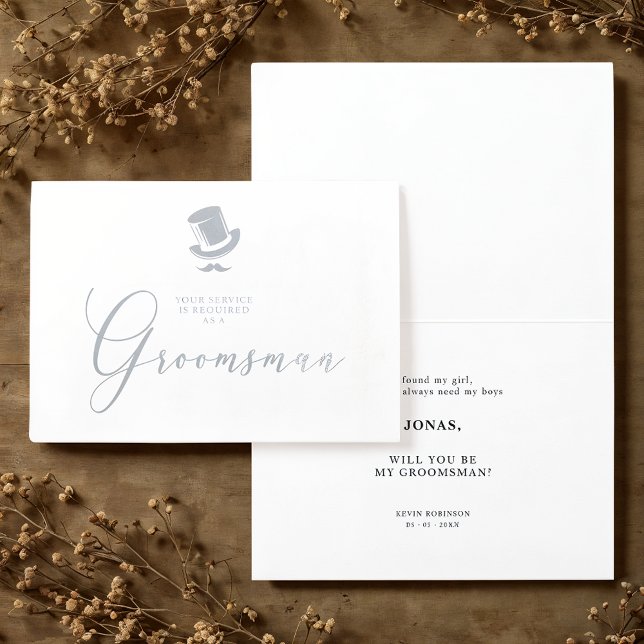 Fancy Groomsman Funny Wedding Minimalist Folierat Kort (Fancy Groomsman Funny Wedding Minimalist Real Metallic Foil Proposal Card with Envelope.)