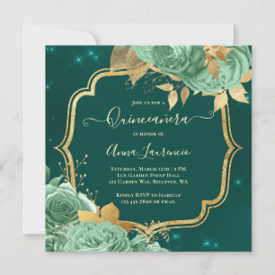 Fancy Sage Grön Smaragd Guld Blommig Quinceanera Inbjudningar