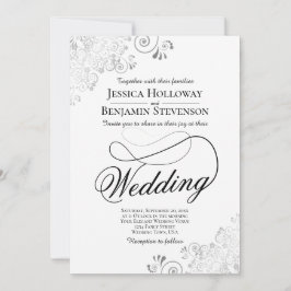 Fancy Script with Flourish Silver & White Wedding Inbjudningar