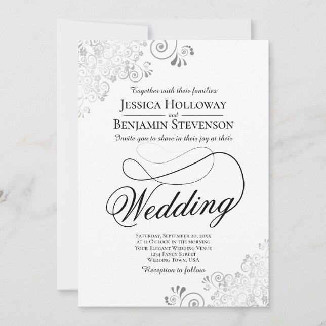 Fancy Script with Flourish Silver & White Wedding Inbjudningar (Framsida)