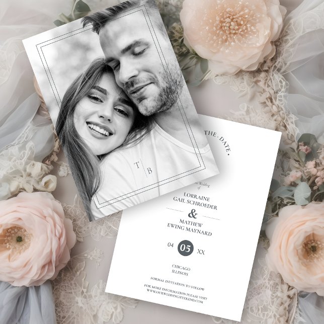 Fancy Simple Chic Initials  Modern Photo Couple  Spara Datumet (Fancy Simple Chic Initials Modern Photo Couple Save the Date Card with Envelope.)