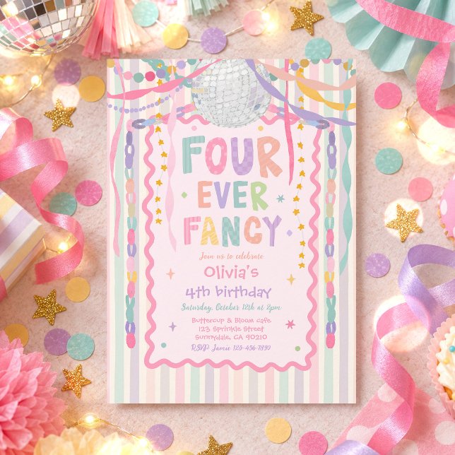 Fancy Whimsical Flicka 4-års Födelsedagsfest Inbjudningar (Skapare uppladdad)