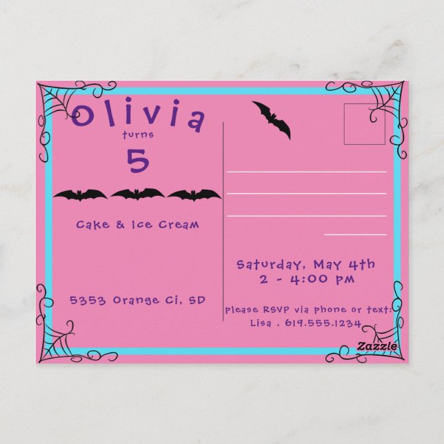 Fang-tastisk spindelnät & fladdermus födelsedagsin vykort (Baksida)