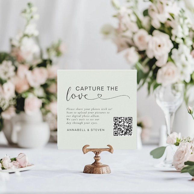 Fånga kärlek! Anpassningsbar QR-kod Bröllop Tilläggskort (Capture the love! Photo, QR-Code, Wedding Table Card, Sage Green.)