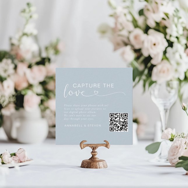 Fånga kärlek! Anpassningsbar QR-kod Bröllop Tilläggskort (Capture the love! Photo, QR-Code, Wedding Table Card, Powder-Blue.)