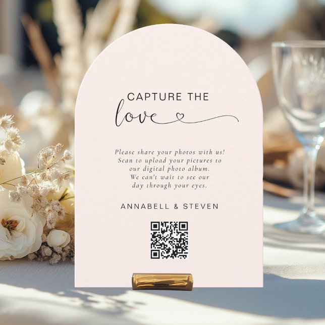 Fånga kärlek! Foto, hjärt-QR-kod, Bröllop Inbjudningar (Capture the love! Photo, Heart-QR-Code, Wedding Card, Blush-Beige.)